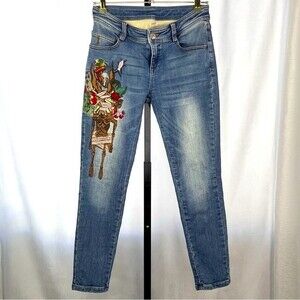 Donoratico Embroidered Jeans Womens M Blue Skinny Stretch Floral Graphic Artsy